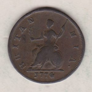 1774 copper farthing coin featuring the portrait of King George III on the Obverse. Britannia seated facing left on the Reverse.