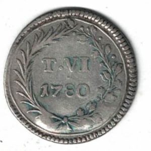1780 Malta Silver Six Tari Coin. The obverse features an eagle breast with shield and crown. The reverse features the denomination with wreath and date.
