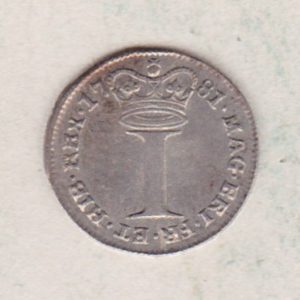 1781 Silver Maundy Penny coin featuring King George III on the obverse. A large central denomination below a crown dividing the date on the reverse.