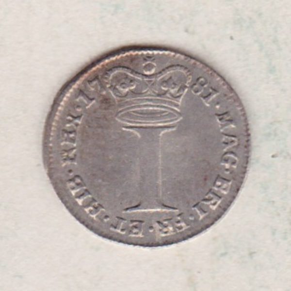 1781 Silver Maundy Penny coin featuring King George III on the obverse. A large central denomination below a crown dividing the date on the reverse.