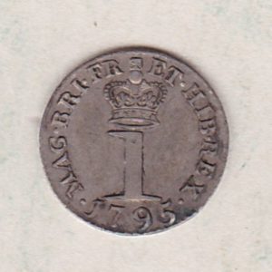 1795 Silver Maundy Penny coin featuring King George III on the obverse. A central crowned denomination above the date on the reverse.