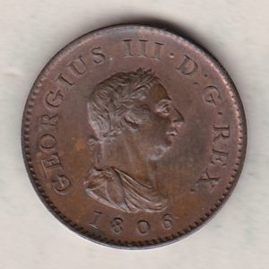 1806 copper farthing coin featuring the portrait of King George III on the Obverse. Britannia seated facing left on the Reverse.