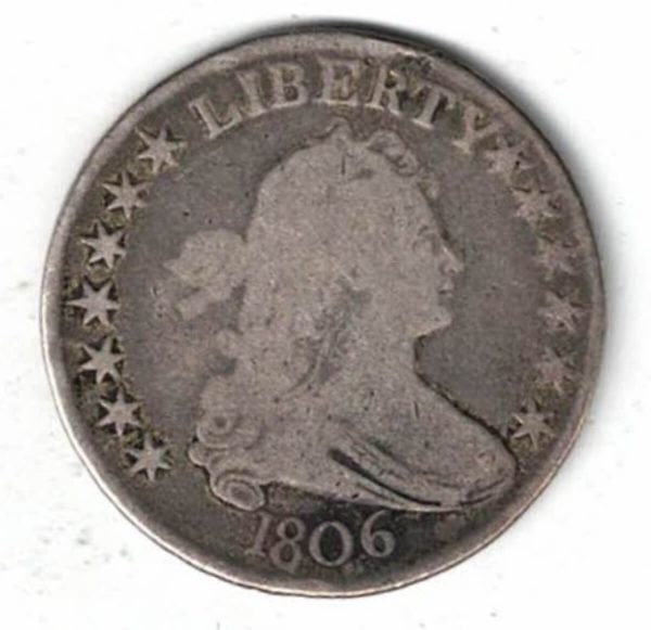 1806 USA Draped Bust Silver Half Dollar Coin. The obverse features a draped bust facing right. The reverse features a Heraldic eagle.