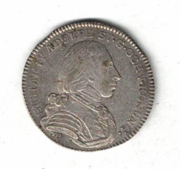 1807 OL Sweden Silver One Sixth Riksdaler Coin. The obverse side of this coin features bust of king Gustav IV Adolf facing right.
