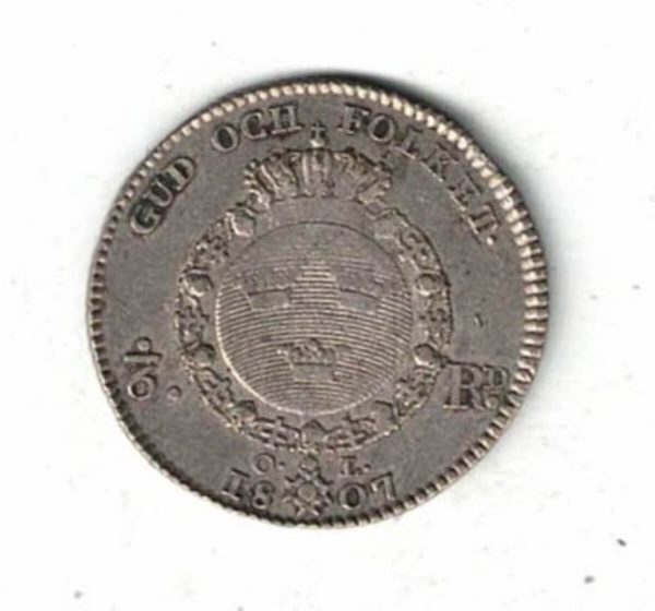 1807 OL Sweden Silver One Sixth Riksdaler Coin - Image 2