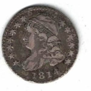 1814 USA Capped Bust Silver One Dime Coin. The Obverse features Liberty capped head. The reverse features an eagle with arrows.