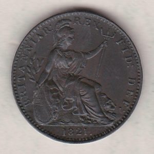 1821 copper farthing coin featuring the portrait of King George IV on the Obverse. Britannia seated facing right on the Reverse.