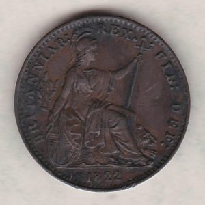1822 copper farthing coin featuring the portrait of King George IV on the Obverse. Britannia seated facing right on the Reverse.
