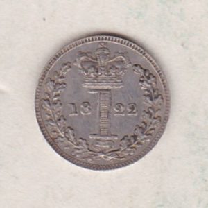 1822 Silver Maundy Penny coin featuring King George IV on the obverse. A central crowned denomination above the date on the reverse.