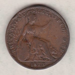 1823 Roman I copper farthing coin featuring the portrait of King George IV on the Obverse. Britannia seated facing right on the Reverse.