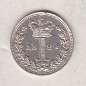 1824 Silver Maundy Penny coin featuring King George IV on the obverse. A central crowned denomination above the date on the reverse.