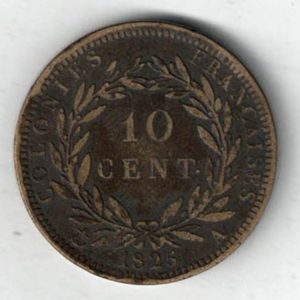 1825 A French Colonies Bronze Ten Centimes Coin. The obverse features the head of Louis-Philippe I facing left. The reverse features the value with wreath.