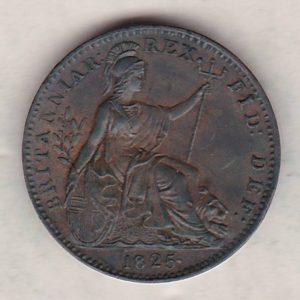1825 copper farthing coin featuring the portrait of King George IV on the Obverse. Britannia seated facing right on the Reverse.