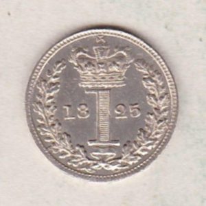 1825 Silver Maundy Penny coin featuring King George IV on the obverse. A central crowned denomination above the date on the reverse.