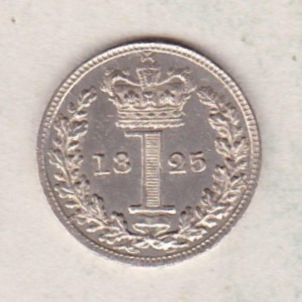 1825 Silver Maundy Penny coin featuring King George IV on the obverse. A central crowned denomination above the date on the reverse.