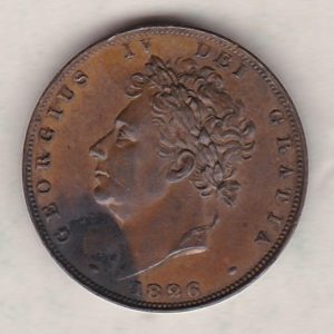 1826 copper farthing coin featuring the portrait of King George IV on the Obverse. Britannia seated facing right on the Reverse.