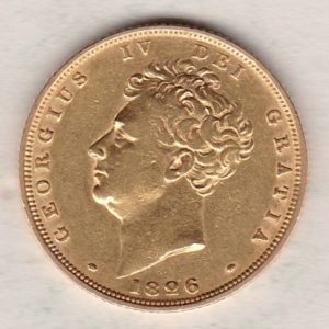 1826 Gold Sovereign Coin. This gold coin features George IV on the obverse. A crowned shield of arms and mantle, legend around on the reverse.