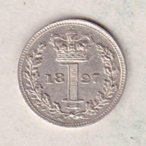 1827 Silver Maundy Penny coin featuring King George IV on the obverse. A central crowned denomination above the date on the reverse.