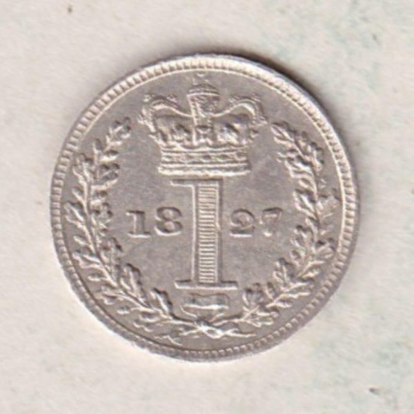 1827 Silver Maundy Penny coin featuring King George IV on the obverse. A central crowned denomination above the date on the reverse.