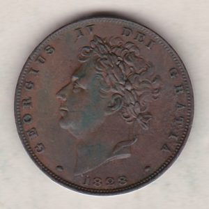 1828 copper farthing coin featuring the portrait of King George IV on the Obverse. Britannia seated facing right on the Reverse.