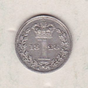 1828 Silver Maundy Penny coin featuring King George IV on the obverse. A central crowned denomination above the date on the reverse.