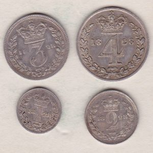 1828 Silver Maundy Set of four coins featuring George IV on the Obverse. The Reverse features a crowned denomination dividing date within oak wreath. 