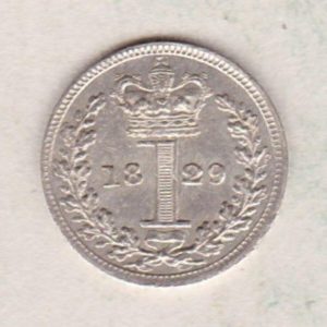 1829 Silver Maundy Penny coin featuring King George IV on the obverse. A central crowned denomination above the date on the reverse.