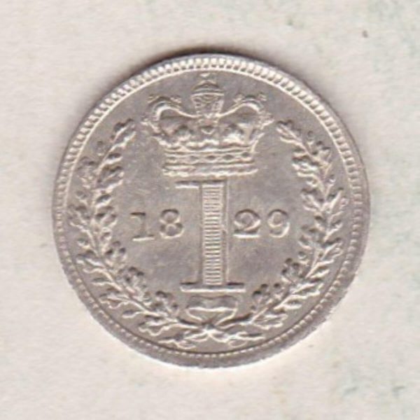 1829 Silver Maundy Penny coin featuring King George IV on the obverse. A central crowned denomination above the date on the reverse.