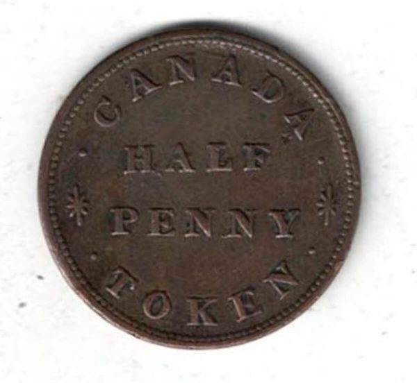 1830'S Canada Public Accommodation Half Penny Token. One side of the token features Canada Half Penny Token. All coins are in stock.