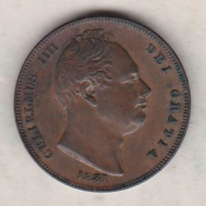 1831 copper farthing coin featuring the portrait of King William IV on the Obverse. Britannia seated facing right on the Reverse.