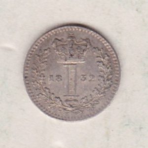 1832 Silver Maundy Penny coin featuring King William IV on the obverse. A central crowned denomination above the date on the reverse.