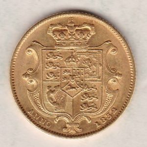 1832 Gold Sovereign Coin. This gold coin features William IV on the obverse. A crowned shield of arms and mantle, legend around on the reverse.