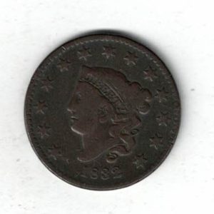 1832 USA Copper Liberty One Cent Coin. The Obverse features a liberty bust with 13 stars and date below. All coins are in stock.