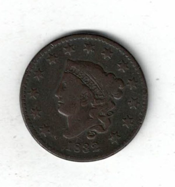 1832 USA Copper Liberty One Cent Coin. The Obverse features a liberty bust with 13 stars and date below. All coins are in stock.