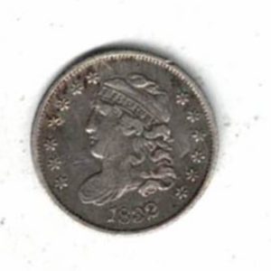 1832 USA Liberty Capped Bust Silver Half Dime Coin. The Obverse features a Liberty Capped head facing left. The reverse features an eagle with arrows.