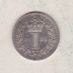 1834 Silver Maundy Penny coin featuring King William IV on the obverse. A central crowned denomination above the date on the reverse.