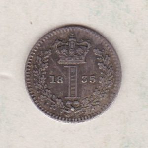 1835 Silver Maundy Penny coin featuring King William IV on the obverse. A central crowned denomination above the date on the reverse.