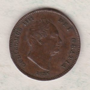 1835 Copper Third Farthing the portrait of King William IV on the obverse. The reverse features a seated figure of Britannia.