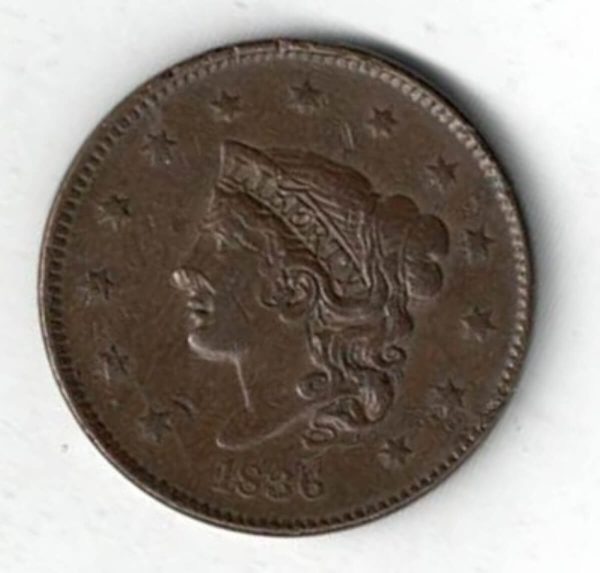 1836 USA Copper Liberty One Cent Coin. The Obverse features a liberty bust with 13 stars and date below. All coins are in stock.