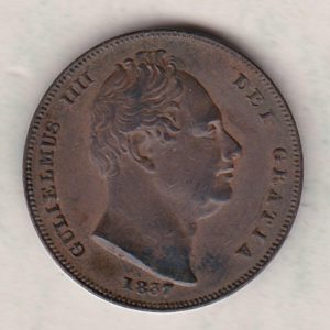 1837 copper farthing coin featuring the portrait of King William IV on the Obverse. Britannia seated facing right on the Reverse.