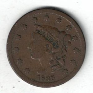 1838 USA Copper Liberty One Cent Coin. The Obverse features a liberty bust with 13 stars and date below. All coins are in stock.