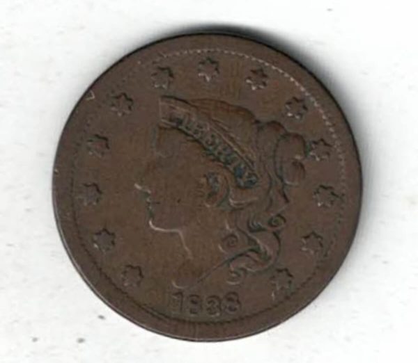 1838 USA Copper Liberty One Cent Coin. The Obverse features a liberty bust with 13 stars and date below. All coins are in stock.