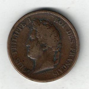 1839 A French Colonies Bronze Ten Centimes Coin. The obverse features the head of Louis-Philippe I facing left. The reverse features the value with wreath.