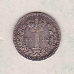 1842 Silver Maundy Penny coin featuring Queen Victoria on the obverse. A central crowned denomination above the date on the reverse.
