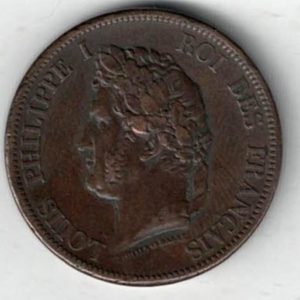 1844 A French Colonies Bronze Ten Centimes Coin. The obverse features the head of Louis-Philippe I facing left. The reverse features the value with wreath.