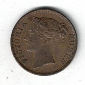 1845 Straits Settlements Copper Half Cent Coin. The obverse features the bust of Queen Victoria facing left. The reverse features the denomination.