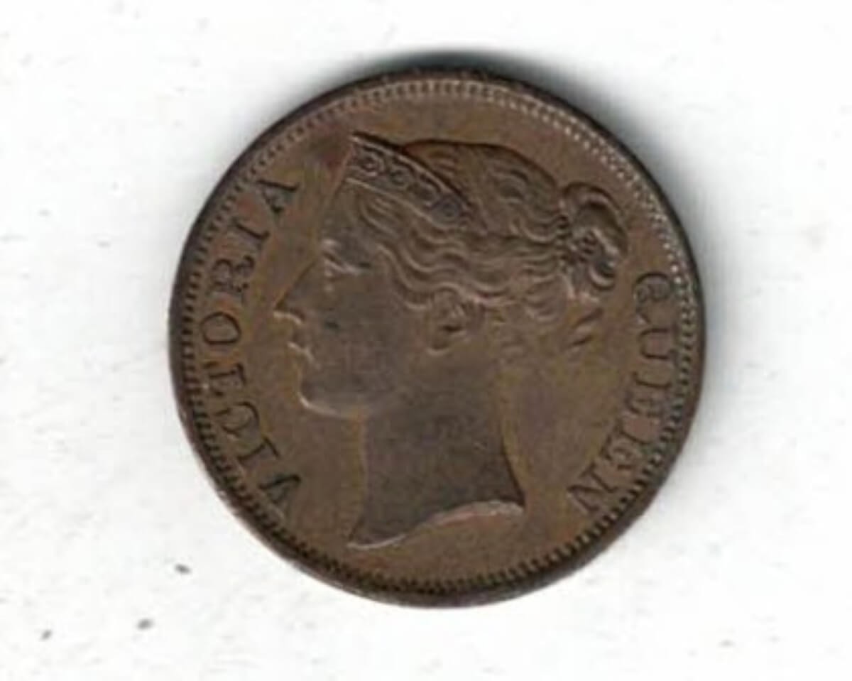 1845 Straits Settlements Copper Half Cent Coin. The obverse features the bust of Queen Victoria facing left. The reverse features the denomination.