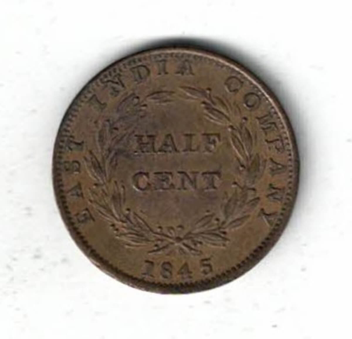 1845 Straits Settlements Copper Half Cent Coin - Image 2