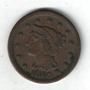 1846 USA Copper Liberty Head One Cent Coin. The Obverse features the liberty head facing left. The reverse features the value within wreath.