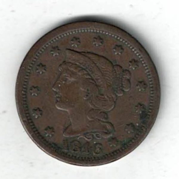 1846 USA Copper Liberty Head One Cent Coin. The Obverse features the liberty head facing left. The reverse features the value within wreath.
